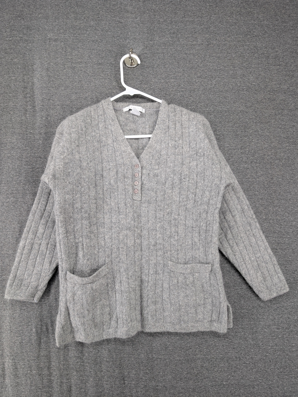 The Limited Light Grey Ribbed V-Neck Pocket Sweater - Angora Blend